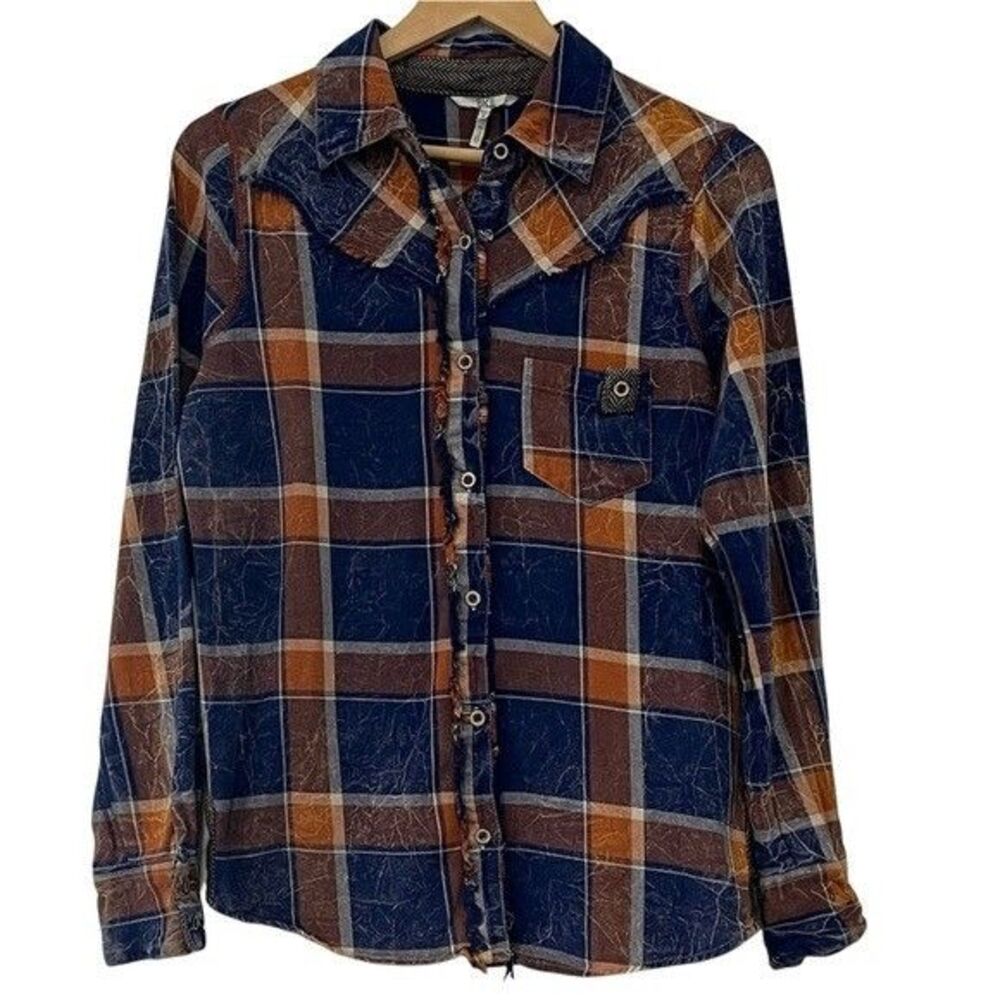 BKE Womens Blue and Orange Plaid Fitted Button Up Top Size Small